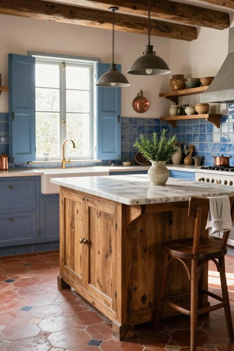 A rustic kitchen with blue cabinets, wooden island topped by white marble countertop, terracotta hexagonal floor tiles, blue tiled backsplash near sink, exposed beam ceiling, and hanging metal pendant lights.