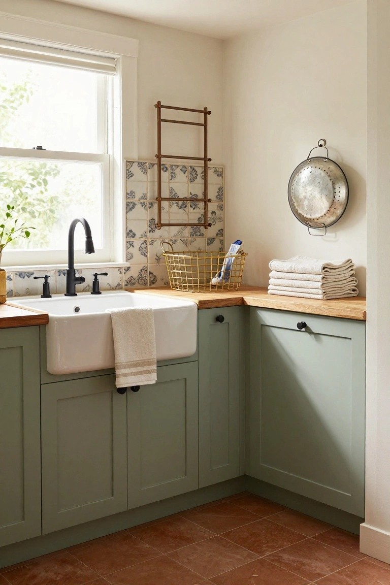 Corner indoor utility sink area featuring sage green shaker-style lower cabinets, white apron-front sink with black faucet, wooden butcher block countertops, blue floral tiled backsplash, hanging wicker baskets, stacked white towels, and terracotta floor tiles.