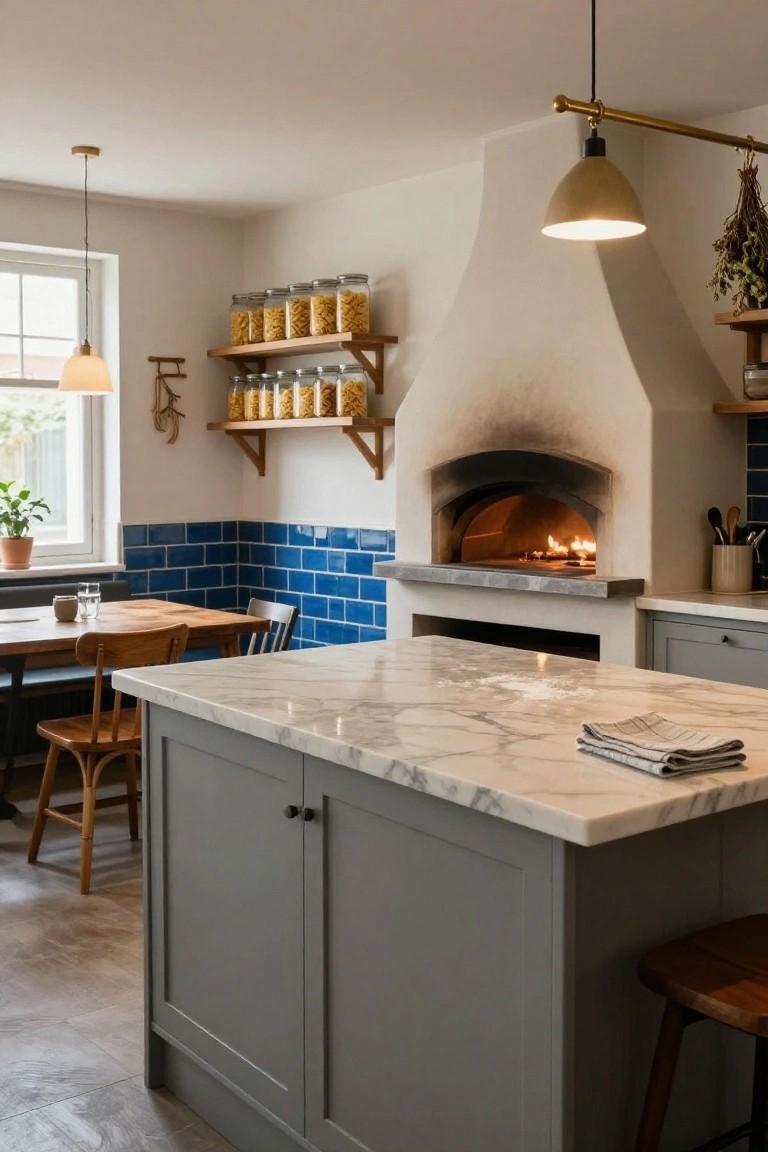 Kitchen interior with arched white wood-fired pizza oven on a stone base, blue subway tile backsplash, gray cabinet island with white marble top, wooden shelves holding jars, and small dining table with chairs.