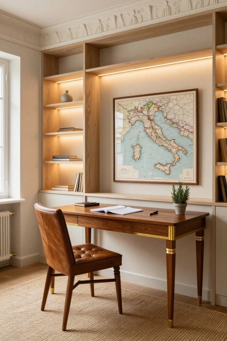 A light beige study room with custom oak built-in bookshelves featuring LED lighting, a walnut desk with tan leather chair, scattered books, potted plants, and a large framed vintage map of Italy on the wall.