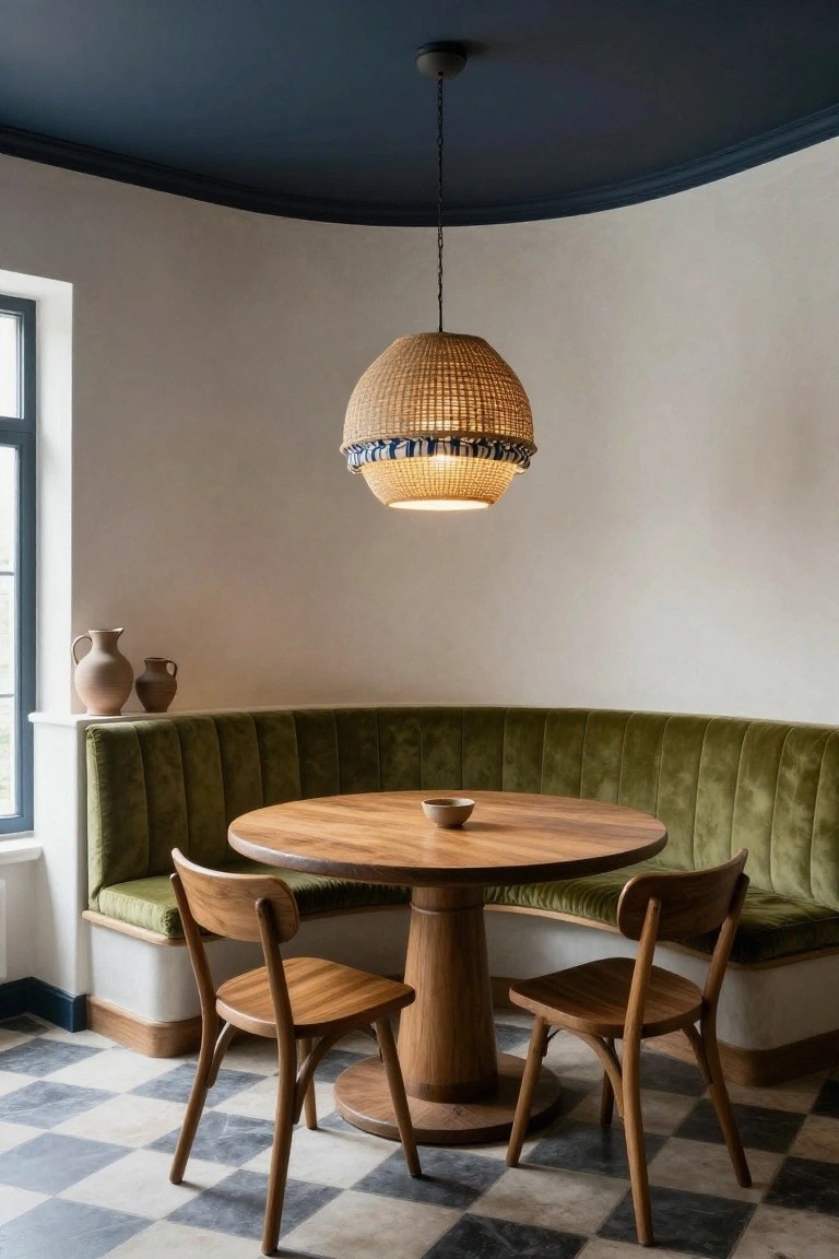 Curved green velvet banquette seating along a white wall with built-in shelf holding terracotta pots, round wooden pedestal table with wooden bowl, two wooden chairs, woven pendant lamp hanging from dark blue curved ceiling, and black-and-white checkered tile floor in a room with a window.