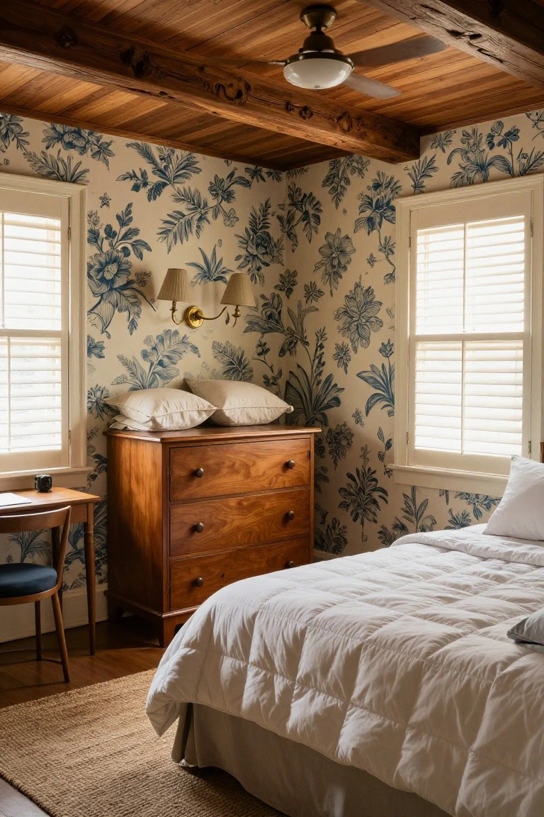 A bedroom with tongue-and-groove wooden ceiling and exposed beams, blue floral wallpaper on walls, wooden dresser topped with pillows, white quilted bed, small wooden desk and chair, plantation shutters on windows, and seagrass rug on hardwood floor.