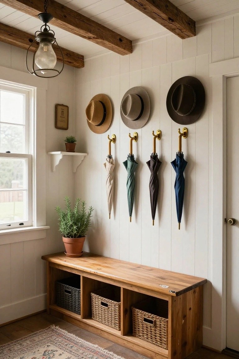 Cozy interior mudroom with exposed dark wooden beams on the ceiling, white shiplap walls, gold hooks holding hats and umbrellas, wooden bench with woven baskets, potted plants on shelves, and a window.