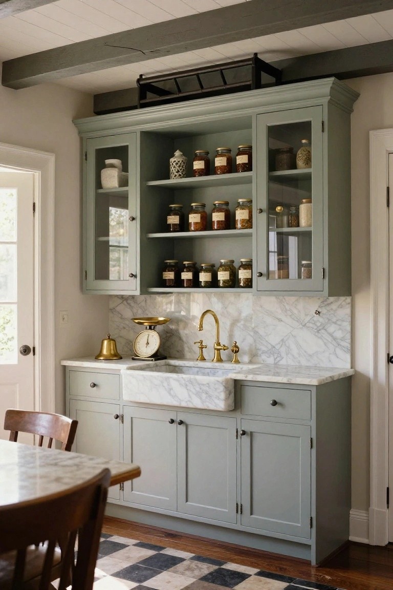 Kitchen with dark exposed wooden beams on white shiplap ceiling, sage green cabinets with glass doors holding jars and bottles, white marble farmhouse sink with brass faucet, brass scale and bell on counter, round wooden table with chairs, and black-and-white checkered floor.