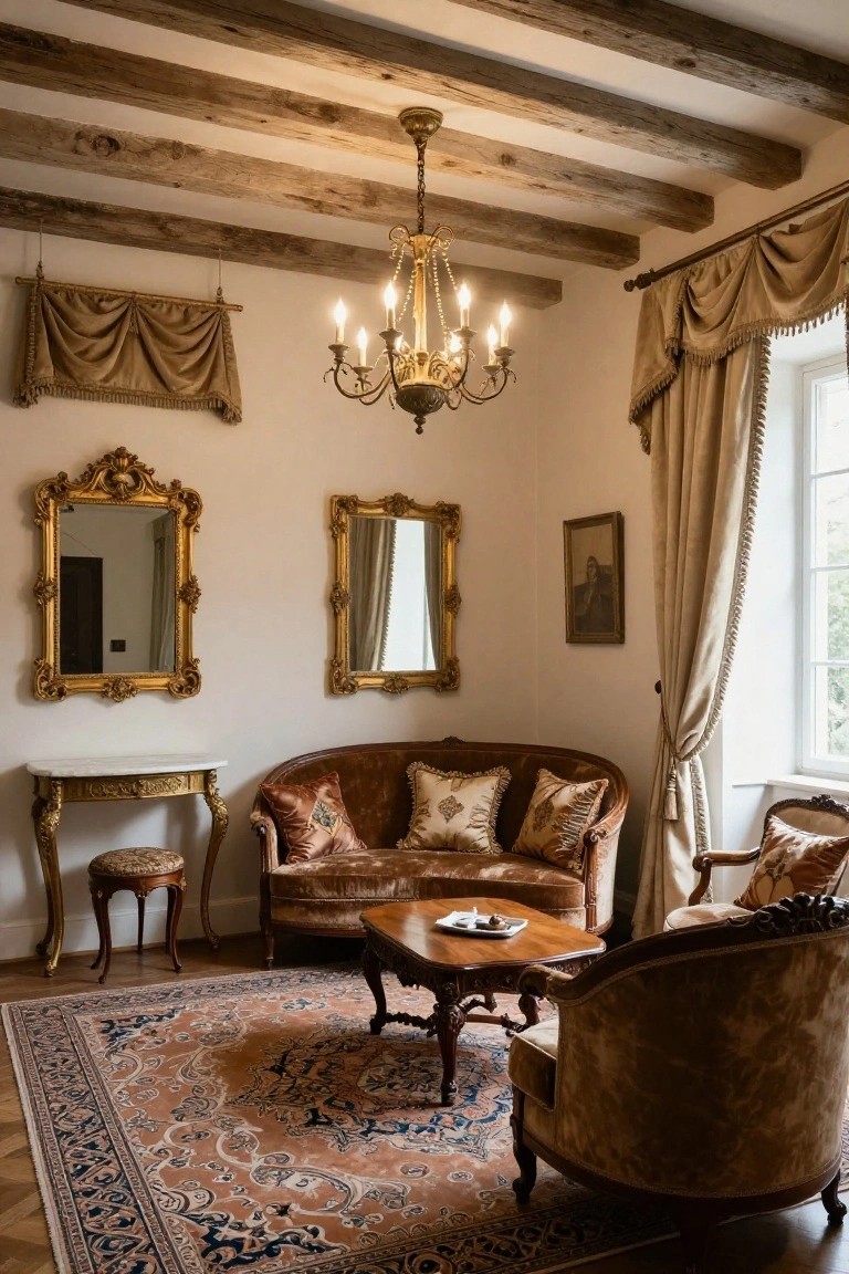 Cozy sitting room interior with exposed dark wooden beam ceiling, gold-framed mirrors on walls, brown velvet sofa and armchair around a wood coffee table, marble console table with stool, crystal chandelier, beige drapes on window, and Persian-style rug on wood floor.