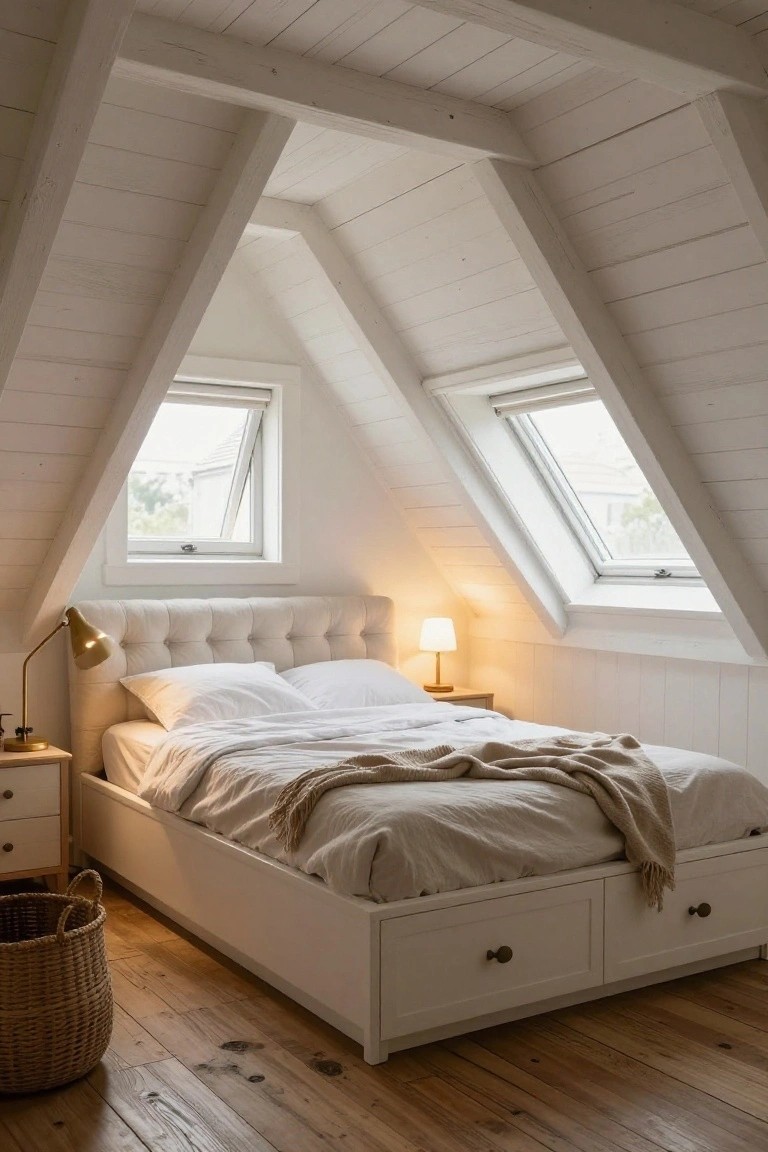Attic bedroom with sloped white wooden ceiling and exposed beams, white tufted bed with linens and throw, bedside tables with lamps, wicker basket on oak floorboards, and dormer windows.