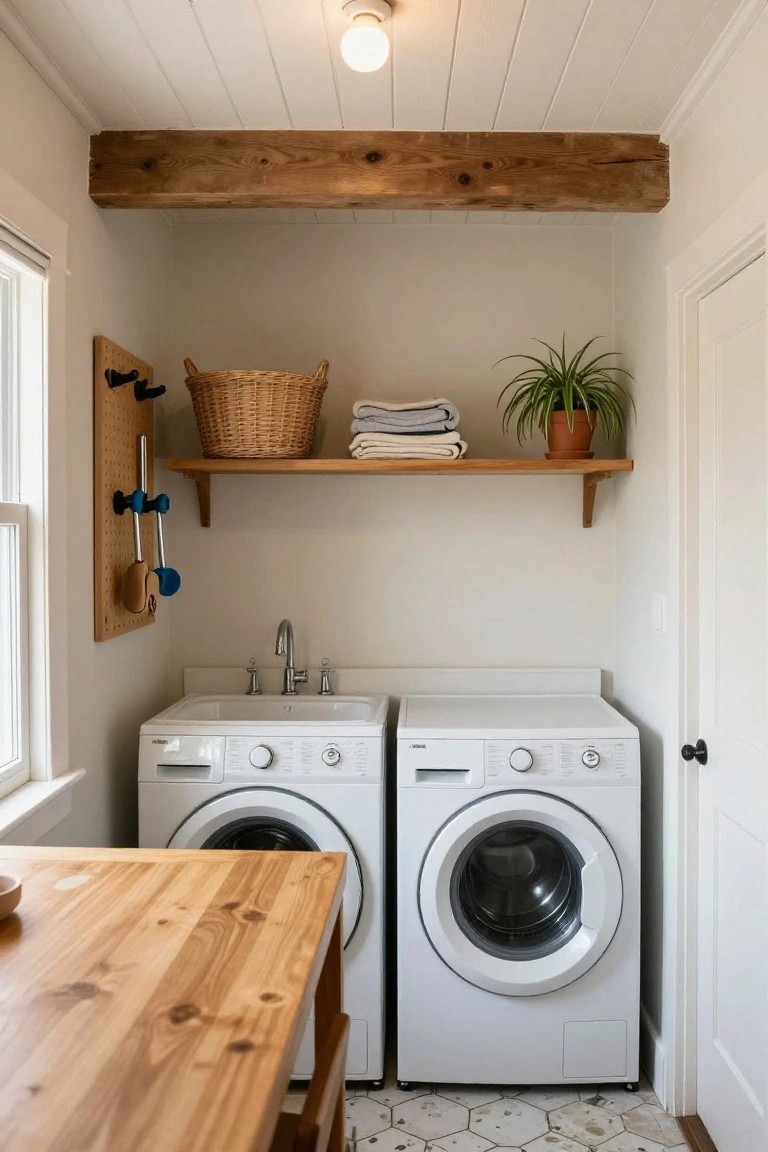 Compact indoor laundry room with two white front-loading washers, wooden folding table, white utility sink, wall-mounted wooden pegboard with blue tool holder, wooden shelf holding wicker basket and potted plant, white plank ceiling with large exposed wooden beam, and hexagonal tile floor.