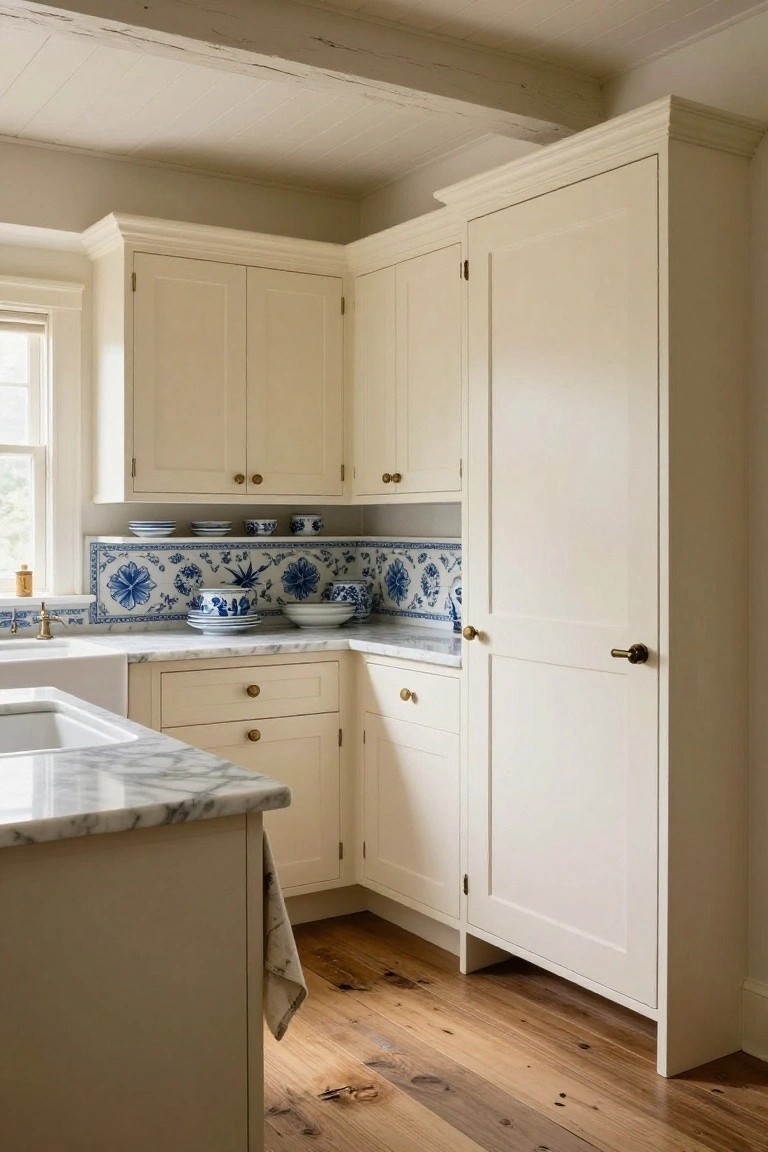 Corner of a traditional kitchen with cream cabinets, blue and white tile backsplash, marble countertop and island, white sink, brass hardware, and exposed wooden ceiling beams over hardwood floors.
