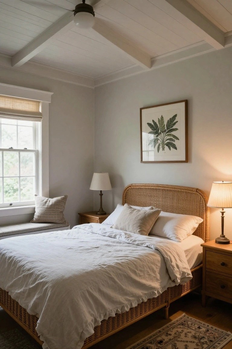 A bedroom with light gray walls, exposed whitewashed wooden beams on the ceiling, a rattan bed with white linens, two nightstands with lamps, a window seat, and a framed botanical print on the wall.