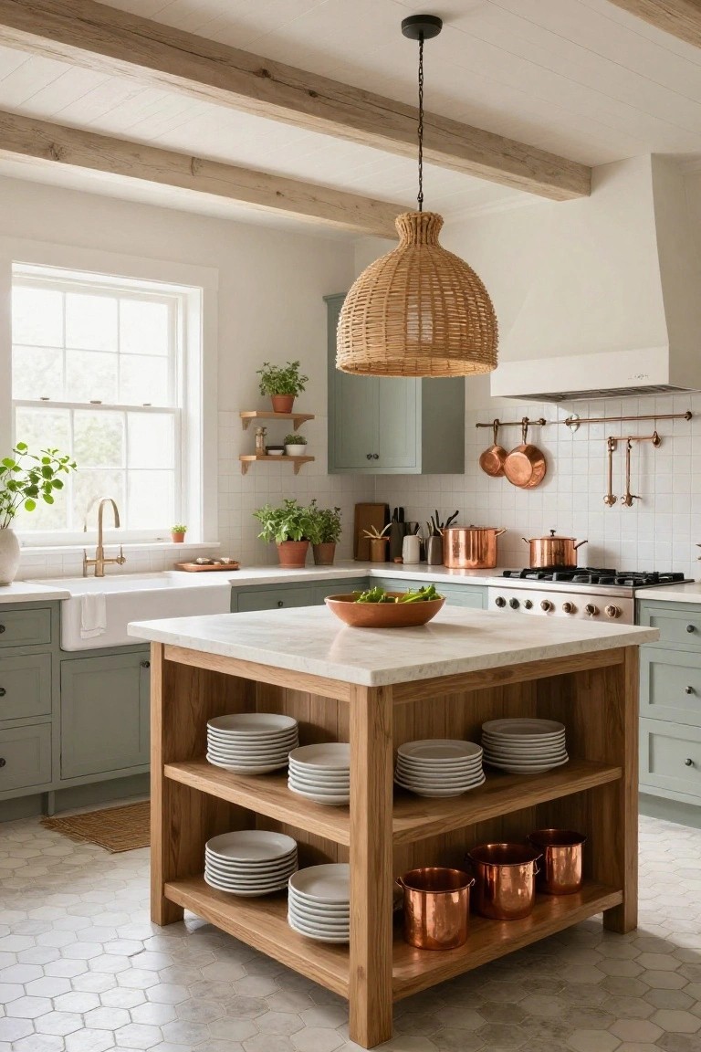 Kitchen with light exposed wooden beams on the ceiling, sage green cabinets, white shiplap walls, wooden island holding stacked plates and copper pots, farmhouse sink, and rattan pendant light.