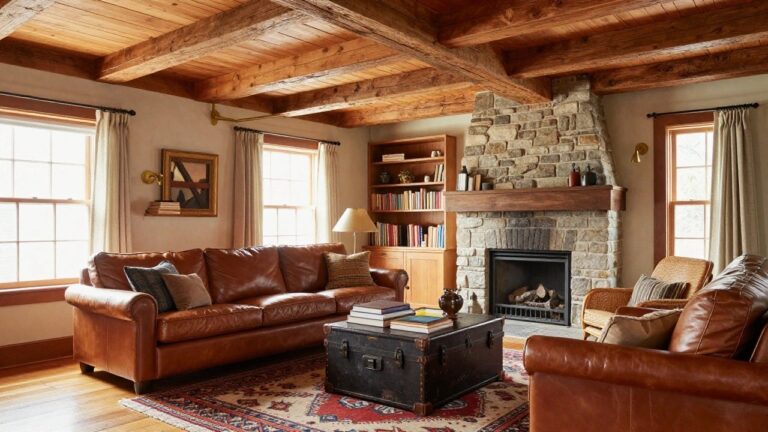 Living room with exposed dark wooden beam ceiling, stone fireplace flanked by bookshelves, brown leather sofas, trunk coffee table, and woven rug on wood floors.