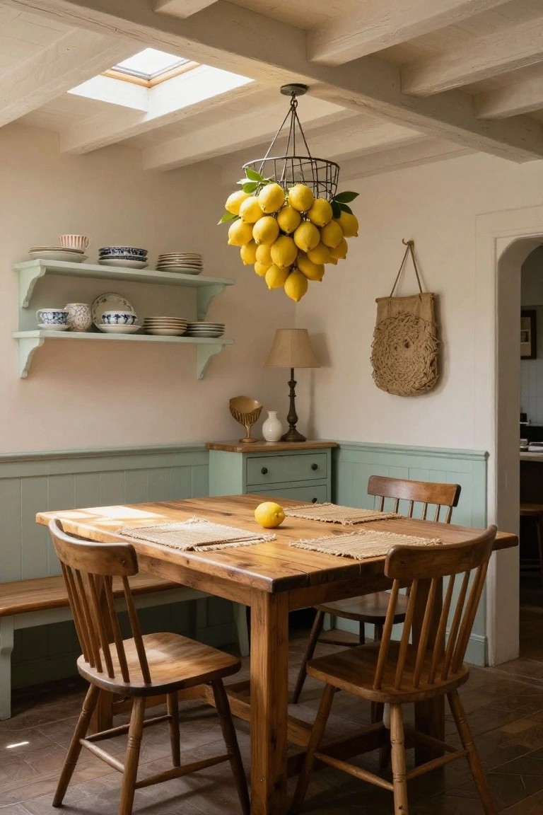 Cozy kitchen dining nook with light exposed wooden ceiling beams, wire basket chandelier filled with lemons, mint green wainscoting, wooden table with benches and chairs, open shelves with dishes, and a small dresser.