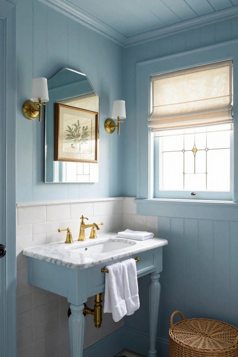 Light blue painted wooden tongue-and-groove paneling on the ceiling and upper walls of a bathroom, with white subway tile wainscoting, marble-topped blue vanity, arched mirror with botanical print, brass sconces and faucet, and stained glass window with roman shade.