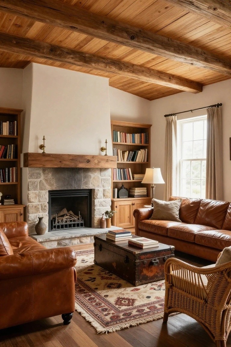 Living room with exposed dark wooden beam ceiling, stone fireplace flanked by bookshelves, brown leather sofas, trunk coffee table, and woven rug on wood floors.