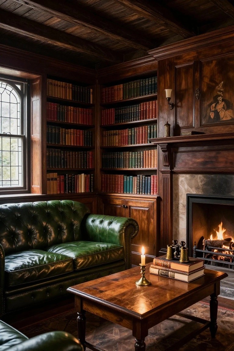 A traditional interior library corner with dark wood paneled walls and exposed beam ceiling, floor-to-ceiling bookshelves, green leather tufted sofa, wooden coffee table holding books and brass candle holder, and lit stone fireplace.