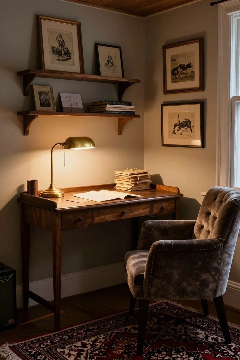 Corner of a study room featuring a wooden desk with open books, brass banker's lamp, bookshelves with stacked books and framed ink drawings of horses, tufted armchair, oriental rug, and light wood plank ceiling.