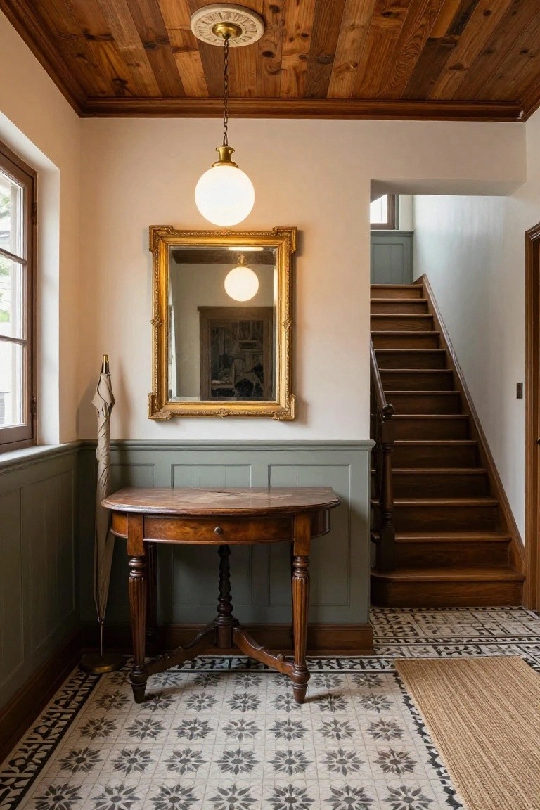 Entryway interior featuring wooden plank ceiling, cream walls with sage green wainscoting, round wooden console table with umbrella stand nearby, large gold-framed mirror, hanging globe light, and wooden staircase.