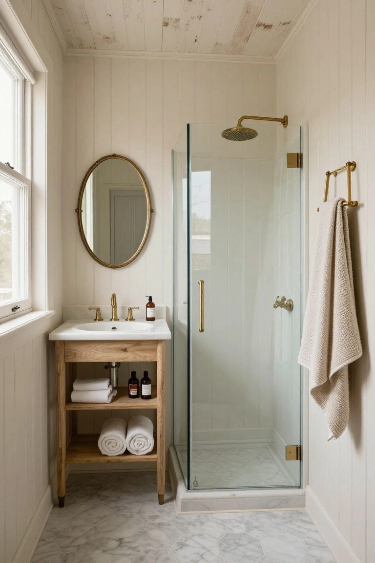 Small bathroom with whitewashed wooden plank ceiling, wooden vanity under white sink, oval gold mirror, glass shower enclosure, brass fixtures, folded towels on shelves, and white marble hexagon floor tiles.