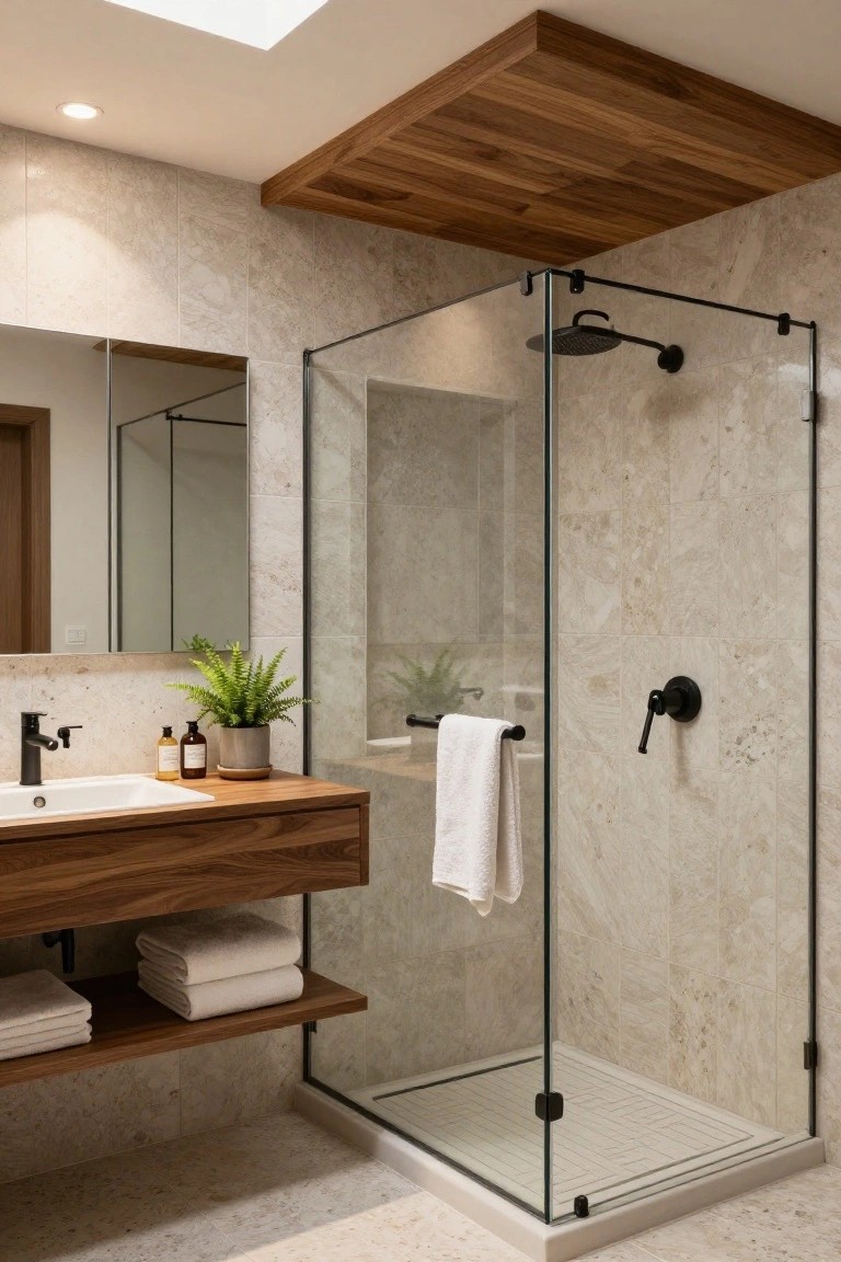 Modern bathroom interior with wooden ceiling panels, frameless glass shower enclosure, wooden floating vanity with white sink, potted plants, folded towels, and light beige marble-look tiles on walls and floor.