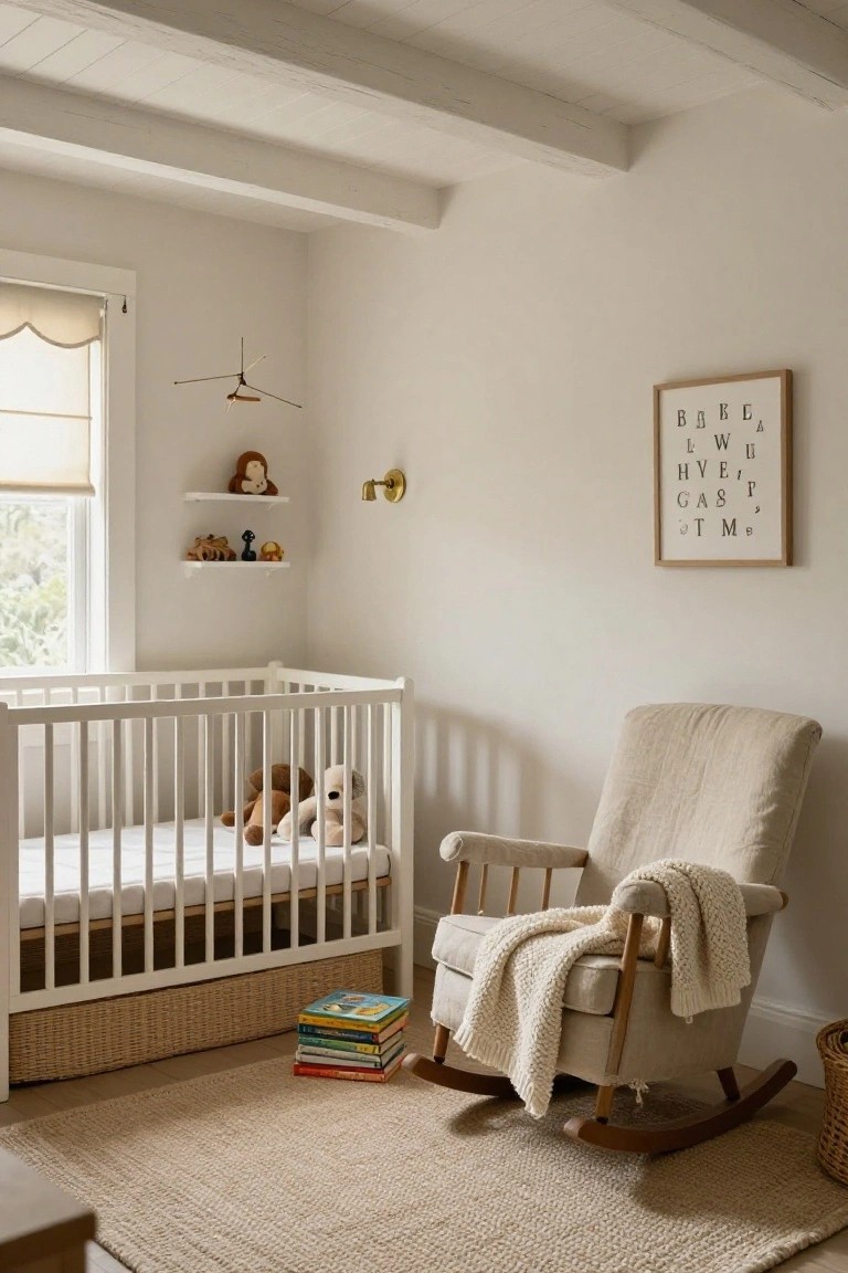 Nursery interior with exposed light wooden ceiling beams, white crib containing stuffed animals, beige rocking chair with blanket, wall shelves with toys, and window with sheer shade.