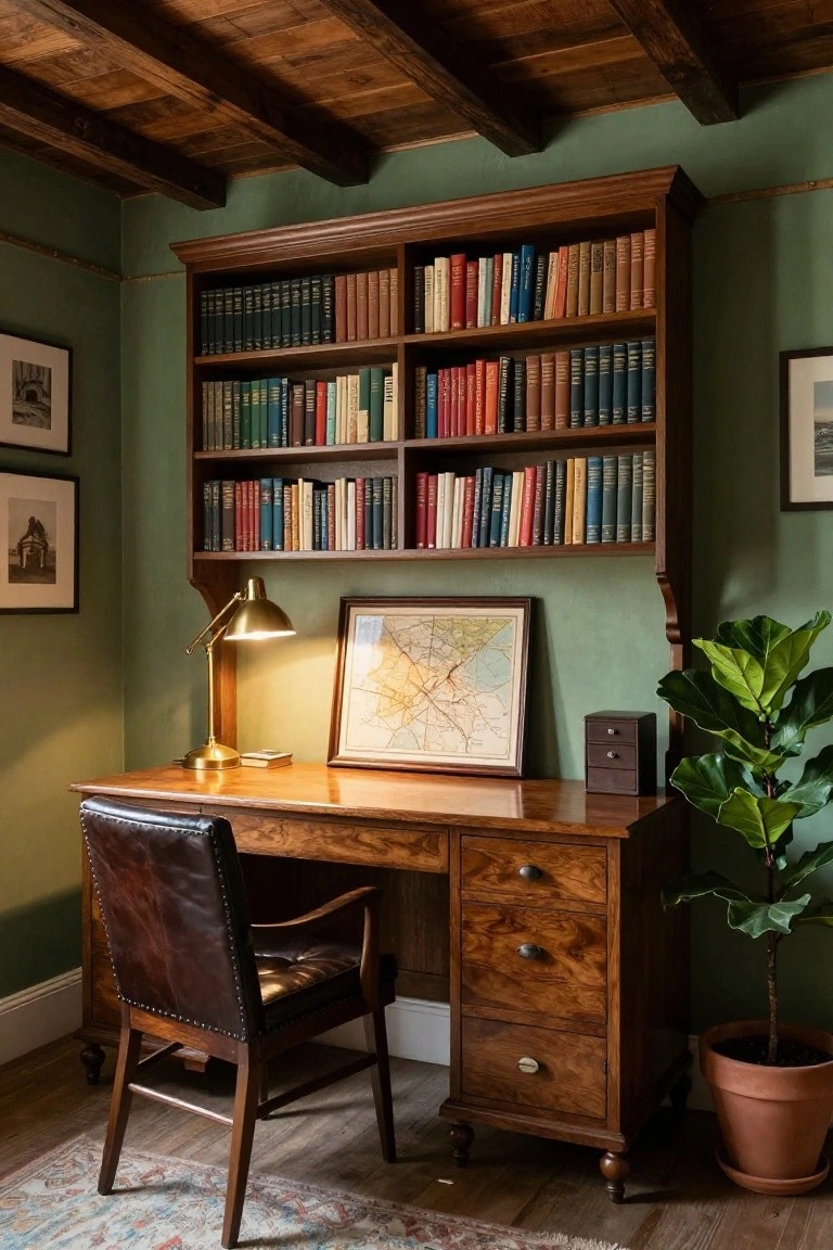 Green-walled study room with exposed dark wooden ceiling beams, tall wooden bookshelves filled with books, antique wooden desk with leather armchair, brass desk lamp, framed map, wooden box, and potted fiddle leaf fig plant on hardwood floor.