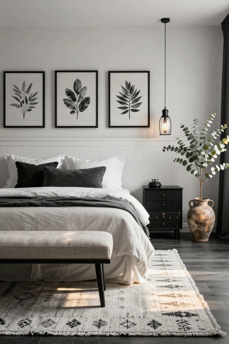 A bedroom with white paneled walls displaying three black-framed botanical leaf prints above a bed dressed in white linens, gray velvet pillows, and a gray throw, next to a black nightstand, potted eucalyptus plant in terracotta vase, linen bench at bed foot, and fringed rug on dark wood floor.