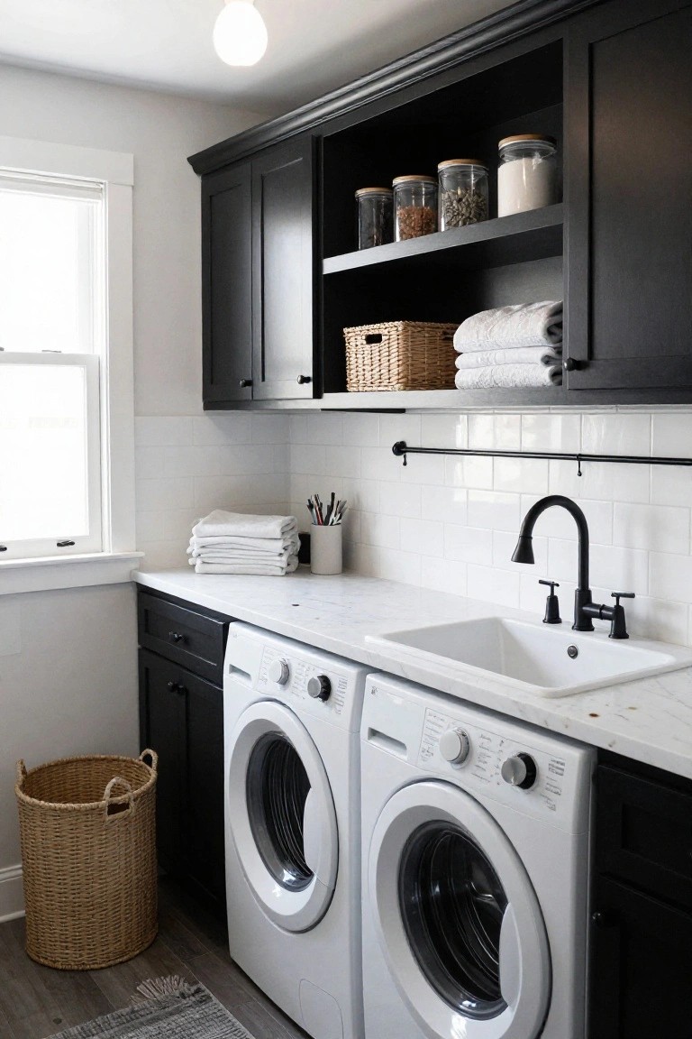 A laundry room interior with black shaker cabinets, white front-load washer and dryer side by side, white sink with matte black faucet, white subway tile backsplash, open shelves holding jars and baskets, and a seagrass hamper on a wood floor.