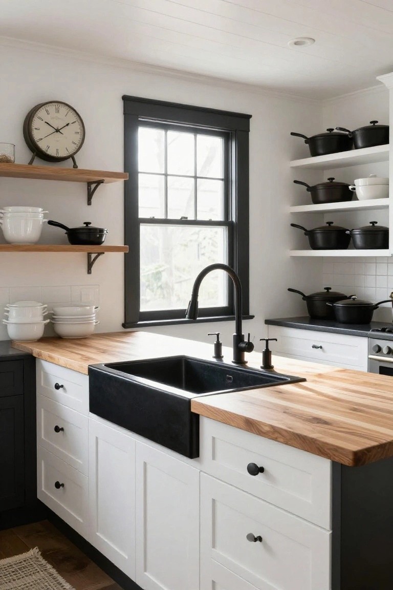 Modern farmhouse kitchen with black apron-front sink embedded in light-toned butcher block countertop, white shaker-style cabinets, black cookware on open shelves, and a large window with black trim.