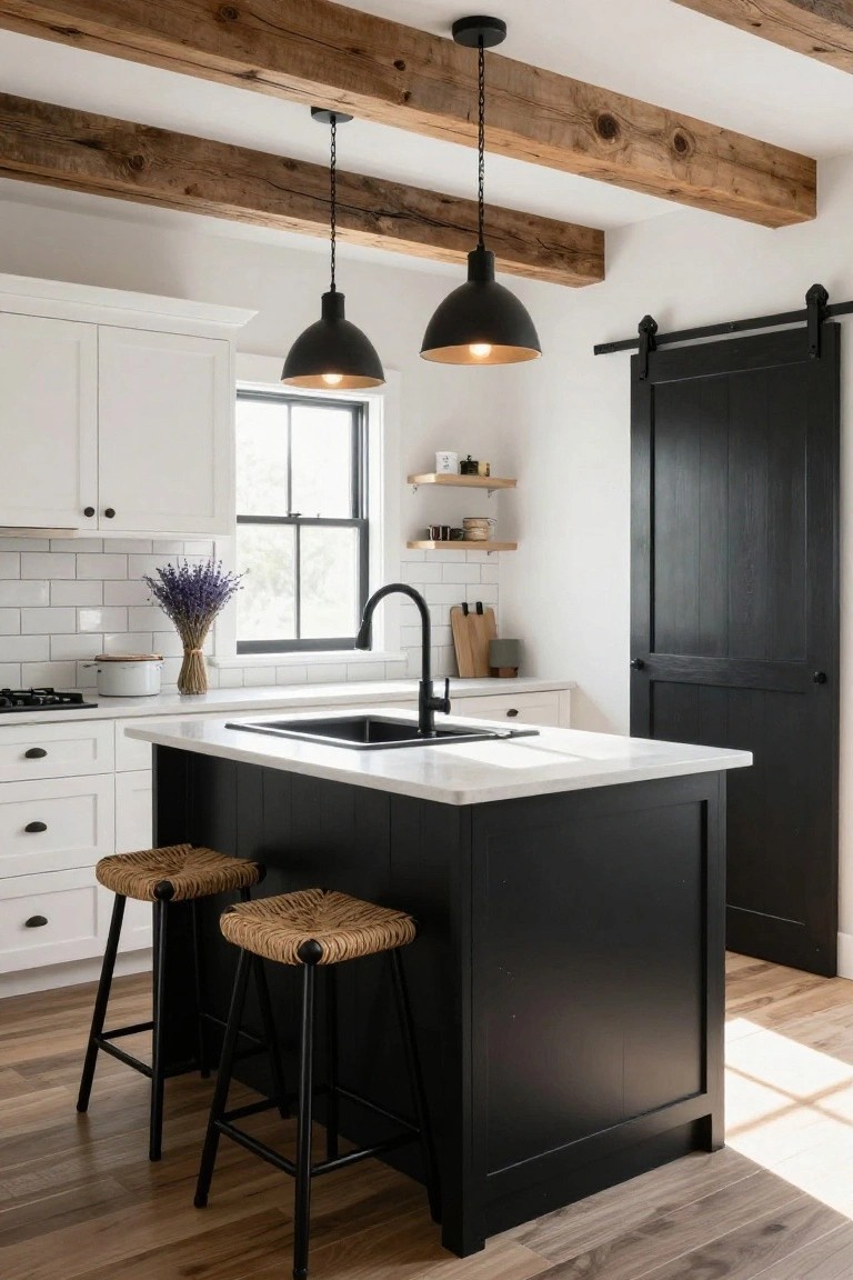 Modern farmhouse kitchen with white shaker-style cabinets, black center island holding a white sink and faucet, two rattan bar stools with black legs, exposed wooden ceiling beams, black pendant lights, white subway tile backsplash, and black sliding barn door.