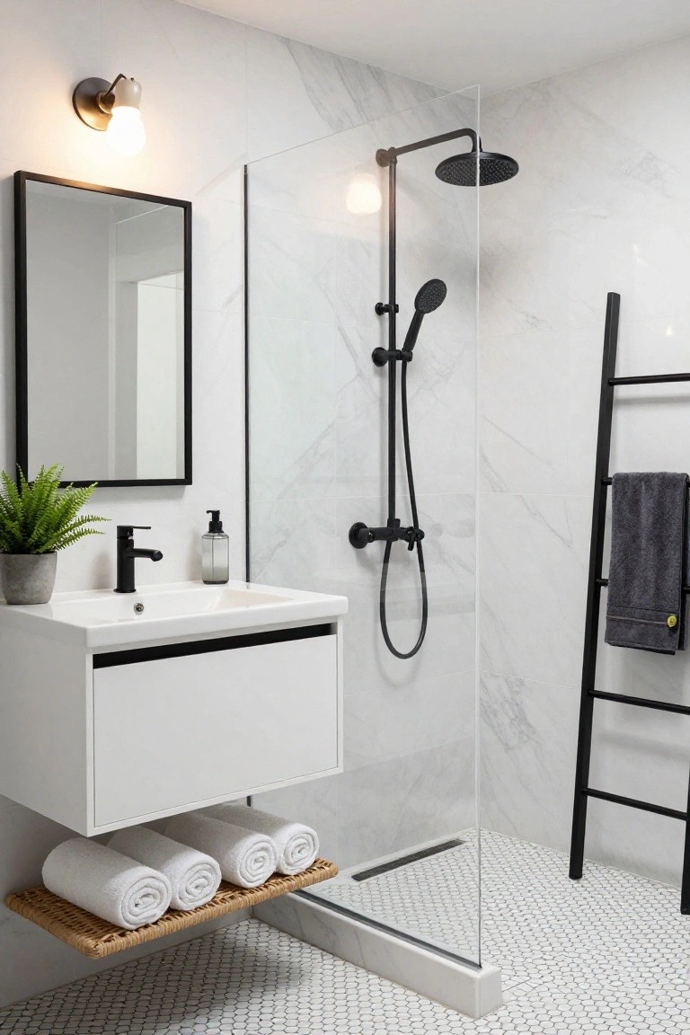 Modern bathroom with white marble-look wall tiles, glass shower enclosure with black rain showerhead and handheld sprayer, white floating vanity with black faucet, black-framed mirror, potted green plant, soap dispenser, black ladder towel rack with gray towel, and white hex tile floor.