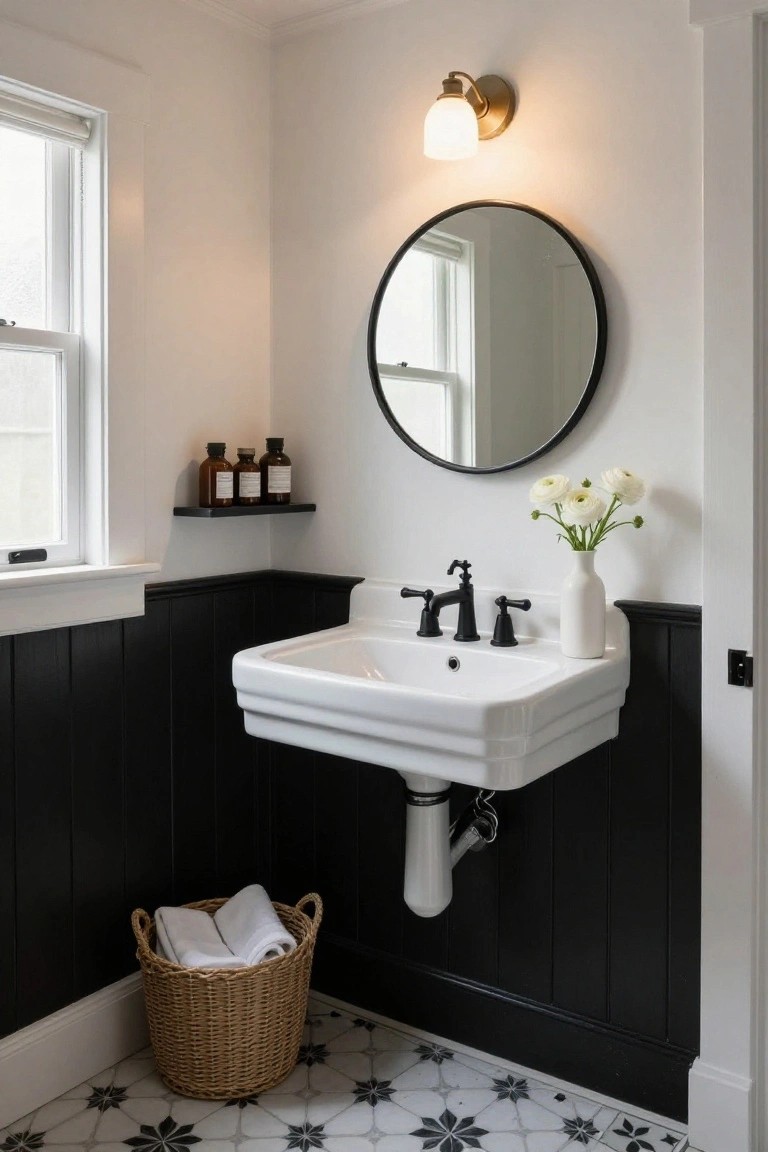 Small bathroom featuring black vertical plank wainscoting on lower walls, white upper walls, wall-mounted white sink with black faucet, round black-framed mirror above, floating wood shelf with bottles, white vase of flowers, woven basket with towels on floor, and black-and-white star tile floor.