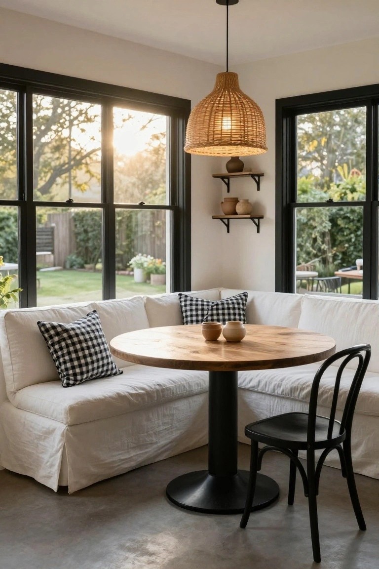 White slipcovered corner banquette with black-and-white checkered pillows next to a round wooden table on black pedestal base, one black chair beside it, rattan pendant light overhead, and large black-framed windows showing a garden view.
