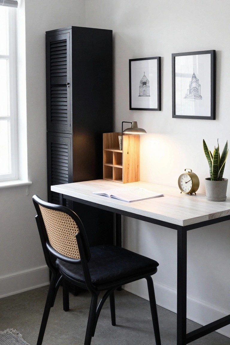 Home office corner with tall black slatted cabinet, white wood-top desk on black metal legs, black-framed rattan chair, wooden desk organizer, desk lamp, gold clock, and snake plant on white walls.