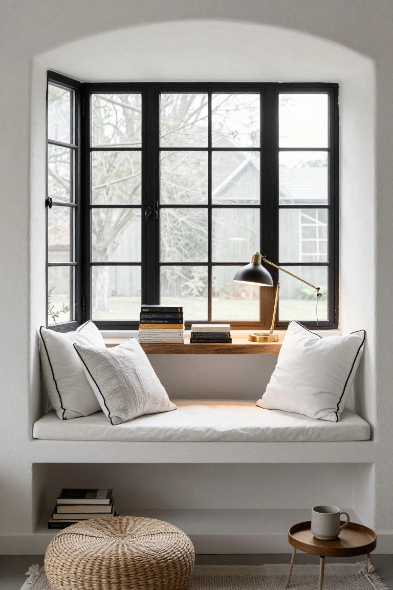 White built-in window seat with pillows and stacked books under black-framed arched windows, a brass desk lamp on the ledge, woven pouf stool, and small table with mug below in a white interior.