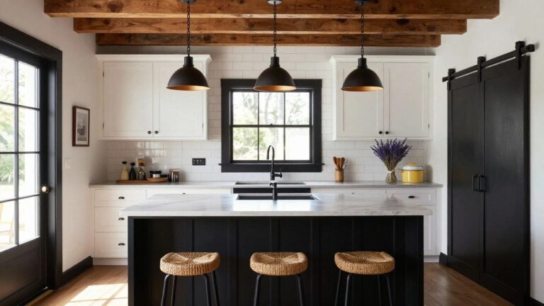 21 Stylish Black and White Modern Farmhouse Interior Design Looks That Pop Modern farmhouse kitchen with white shaker-style cabinets, black center island holding a white sink and faucet, two rattan bar stools with black legs, exposed wooden ceiling beams, black pendant lights, white subway tile backsplash, and black sliding barn door.