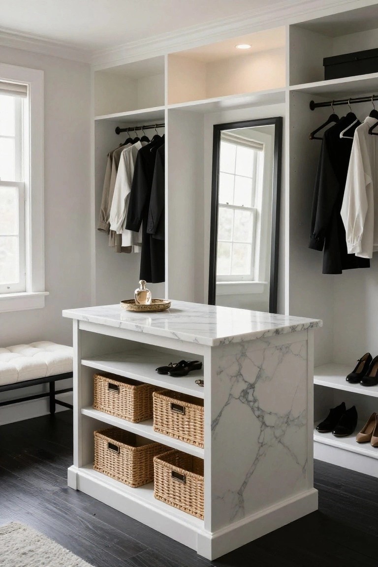 White walk-in closet featuring open wardrobes with hanging clothes, black rods, full-length mirror, central marble-topped island with wicker baskets and shoes on shelves, cushioned bench, and black wood floor.