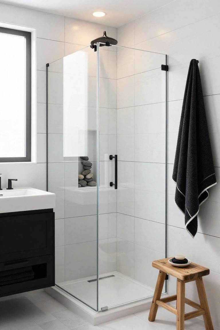 Corner glass shower with matte black rain shower head, hardware, and towel rails on white subway tile walls with pebble niche, next to black vanity sink and wooden stool with soap dish in a modern bathroom.