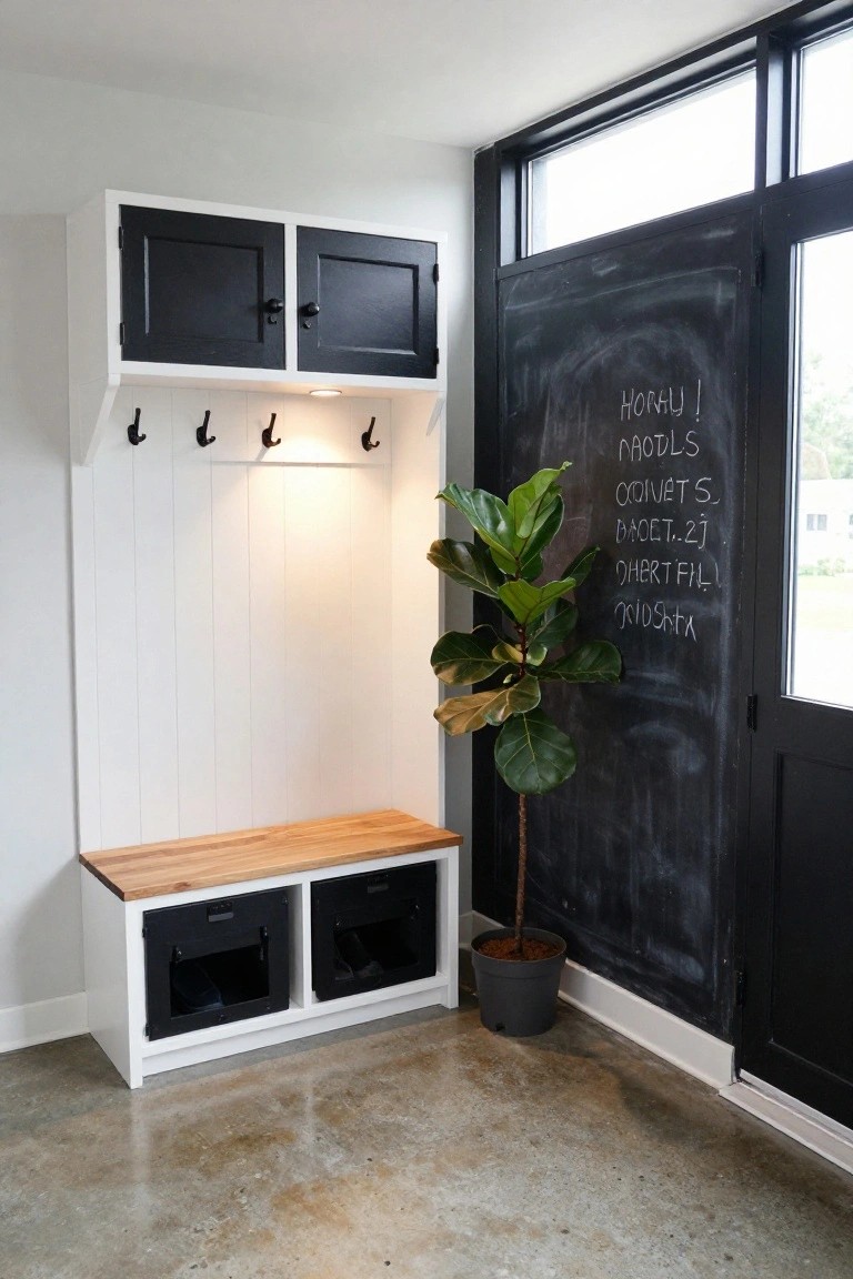 White shiplap wall with black upper cabinets, coat hooks, under-cabinet lights, wooden bench top, and black shoe storage cubbies below, beside a black chalkboard wall with handwriting and a potted green plant next to a black door.