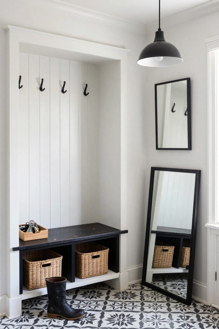 White shiplap mudroom cabinetry with four black hooks on the wall, distressed black wood bench with two seagrass baskets in cubbies below, keys on wooden tray, tall black-framed mirror nearby, black pendant light overhead, and single black boot on black and white patterned tile floor.
