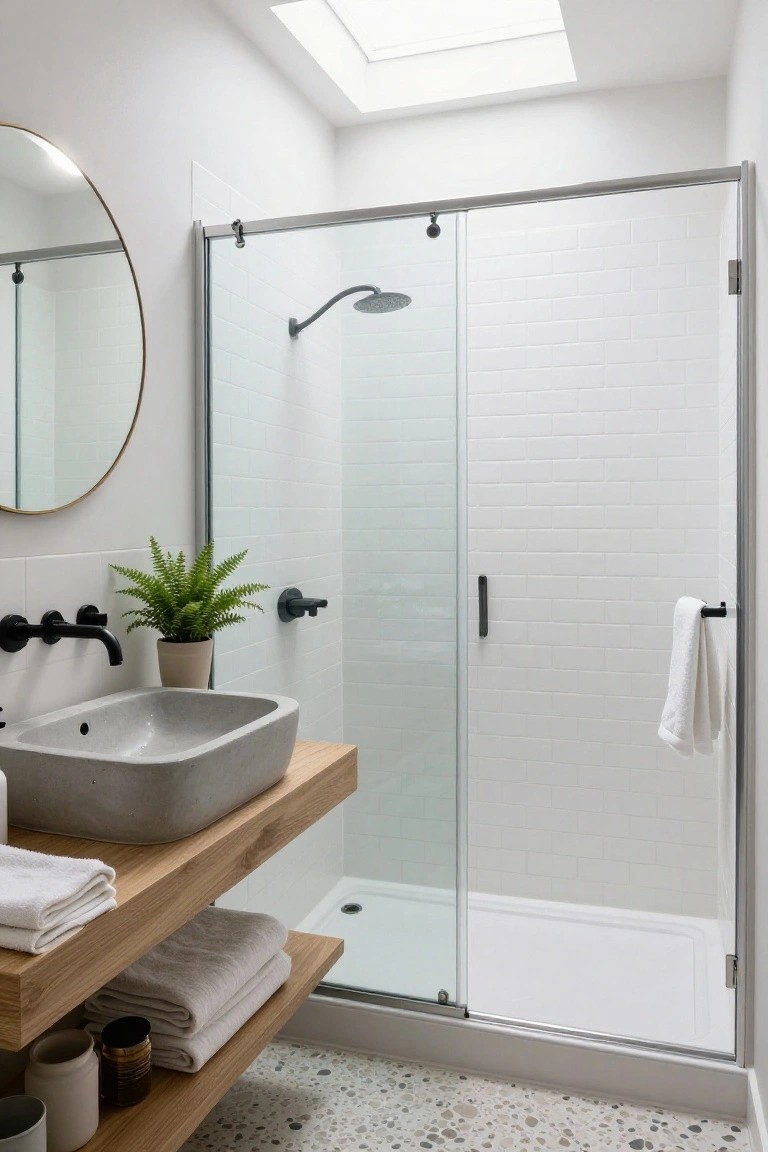 Bright white bathroom with glass shower enclosure, floating gray vessel sink on wooden shelf with towels and plants, black faucets, round gold mirror, fern plant, and terrazzo tile floor under skylight.