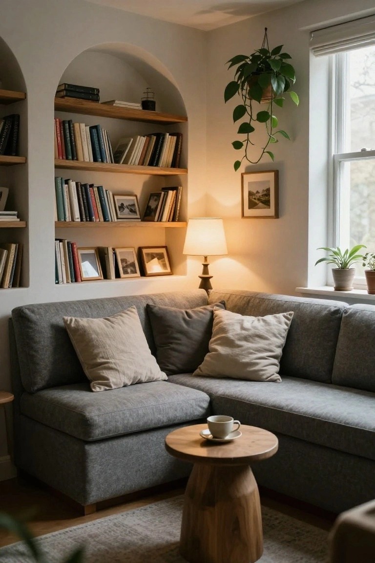 Cozy indoor corner with arched wooden bookshelves filled with books and framed photos, gray corner sofa with pillows, wooden pedestal side table holding teacup and saucer, table lamp, hanging potted plant, and windowsill plants.
