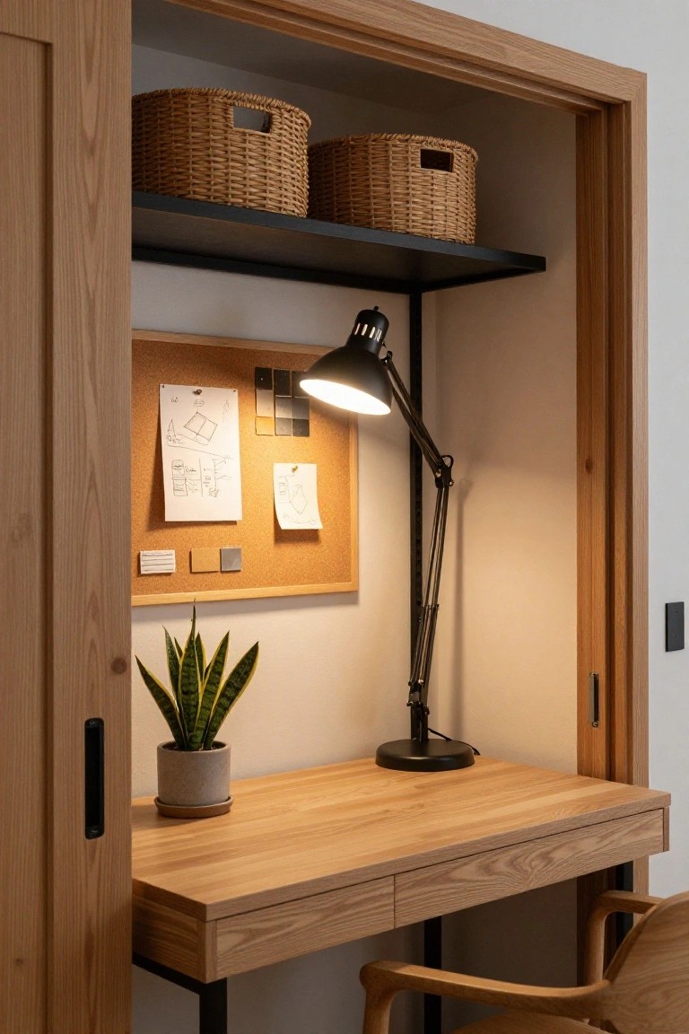 Open wooden wardrobe featuring a built-in oak desk with drawers, adjustable black desk lamp, corkboard with sketches and samples, snake plant in gray pot, woven baskets on black shelves, and wooden chair.