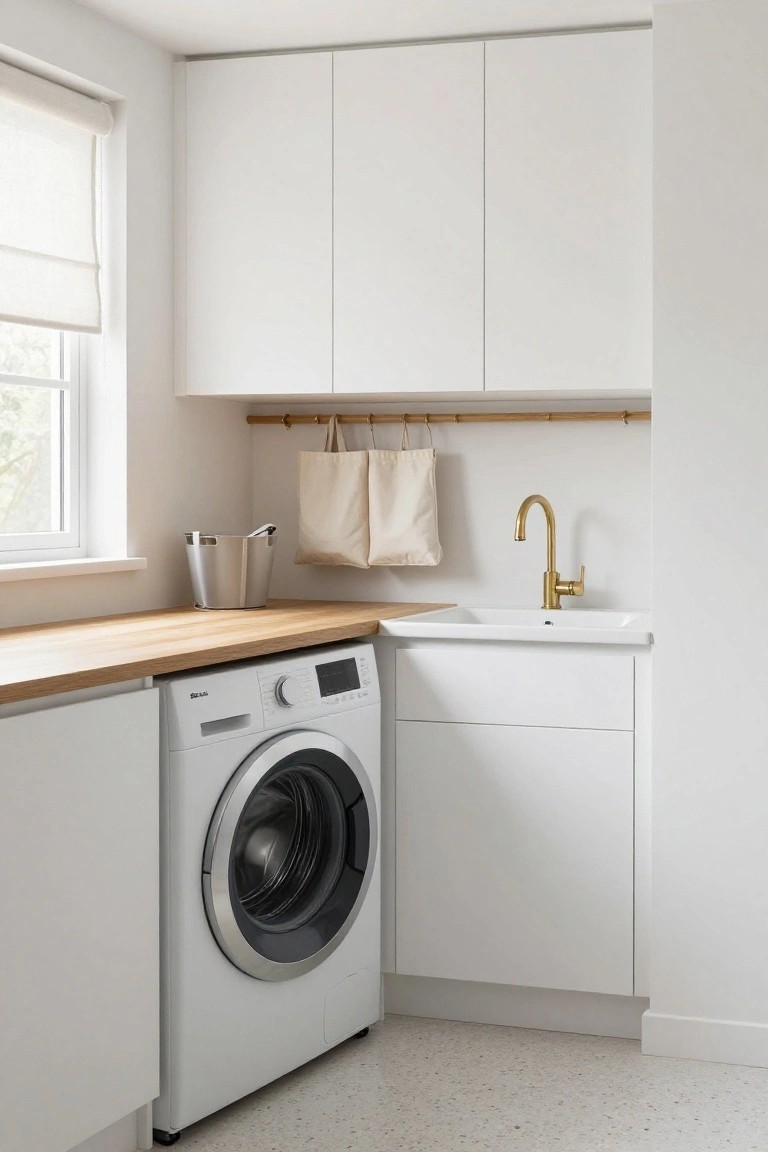 Corner laundry space with white front-loading washer under wooden countertop, white cabinets, utility sink with gold faucet, hanging rail with cloth bags, and window with roller blind.