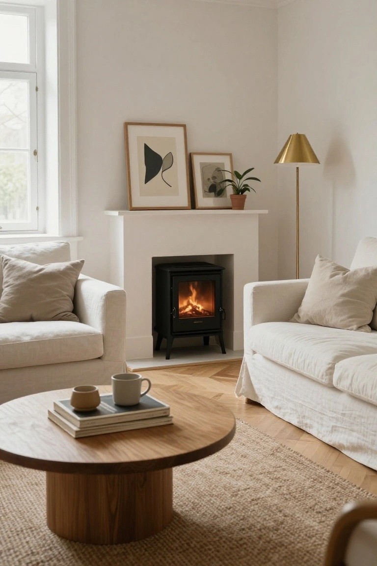 Cozy living room corner featuring a black wood-burning stove in a white fireplace surround, flanked by two cream slipcovered sofas, round wooden coffee table with books and mugs, jute rug on oak floors, gold floor lamp, potted plant, and framed artwork on white walls.