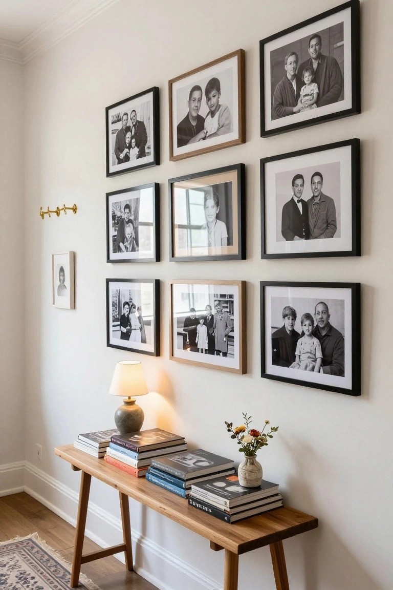White interior wall with a gallery arrangement of black-and-white framed family photos in various frame styles above a wooden bench holding stacked books, a lamp, and a small vase of flowers.