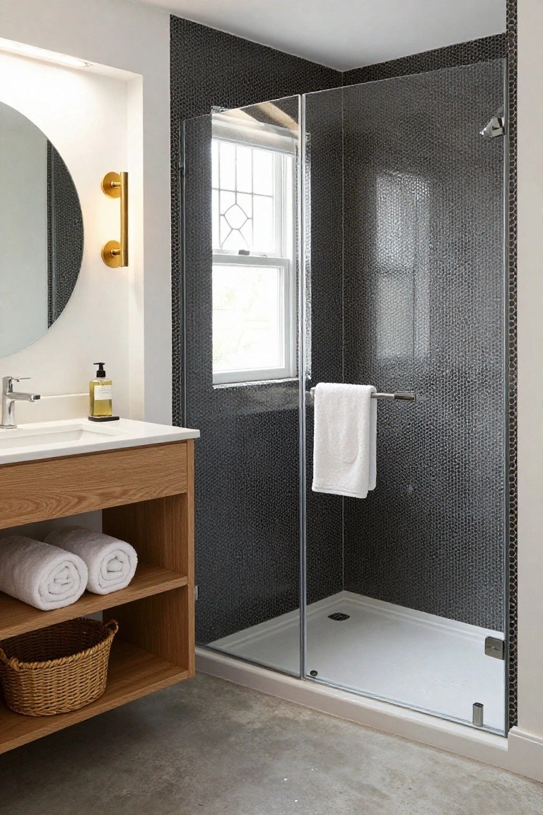 Modern bathroom with black mosaic tiled shower enclosure behind glass door, oak wood vanity cabinet holding white towels and basket, round mirror, wall sconce, and window.