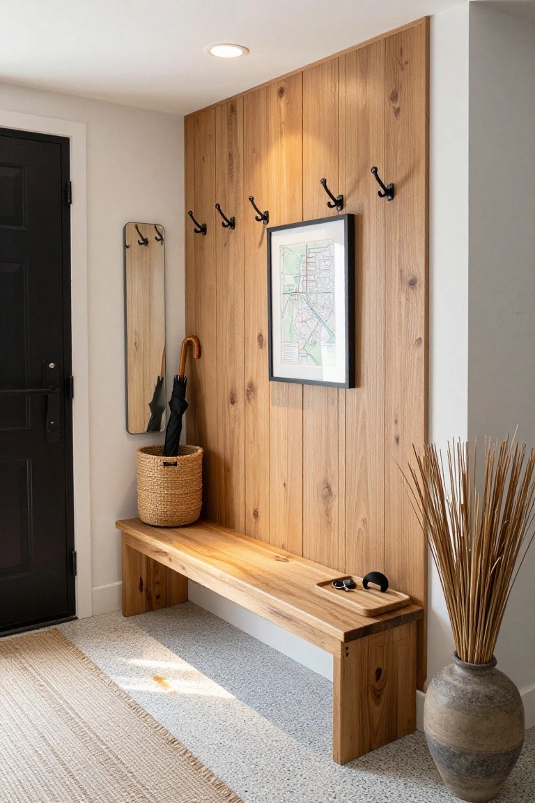 Light vertical oak wood panel wall in an entryway with black coat hooks, round mirror, framed map print, wooden bench, seagrass umbrella basket, key tray, and tall reeds in terracotta pot next to black front door on speckled floor with seagrass rug.
