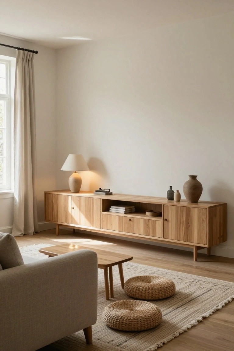 Light wood low-profile TV cabinet with slatted doors and open shelves on a white wall next to a beige sofa, small wood coffee table, woven poufs, lamp, and neutral vases in a beige-toned living room with hardwood floors and sheer curtains on windows.