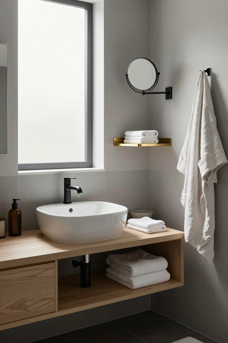 Corner of a minimalist bathroom with floating oak wood vanity, white vessel sink, black matte faucet, round swivel mirror, gold shelf holding folded white towels, and linen towel on black hook.