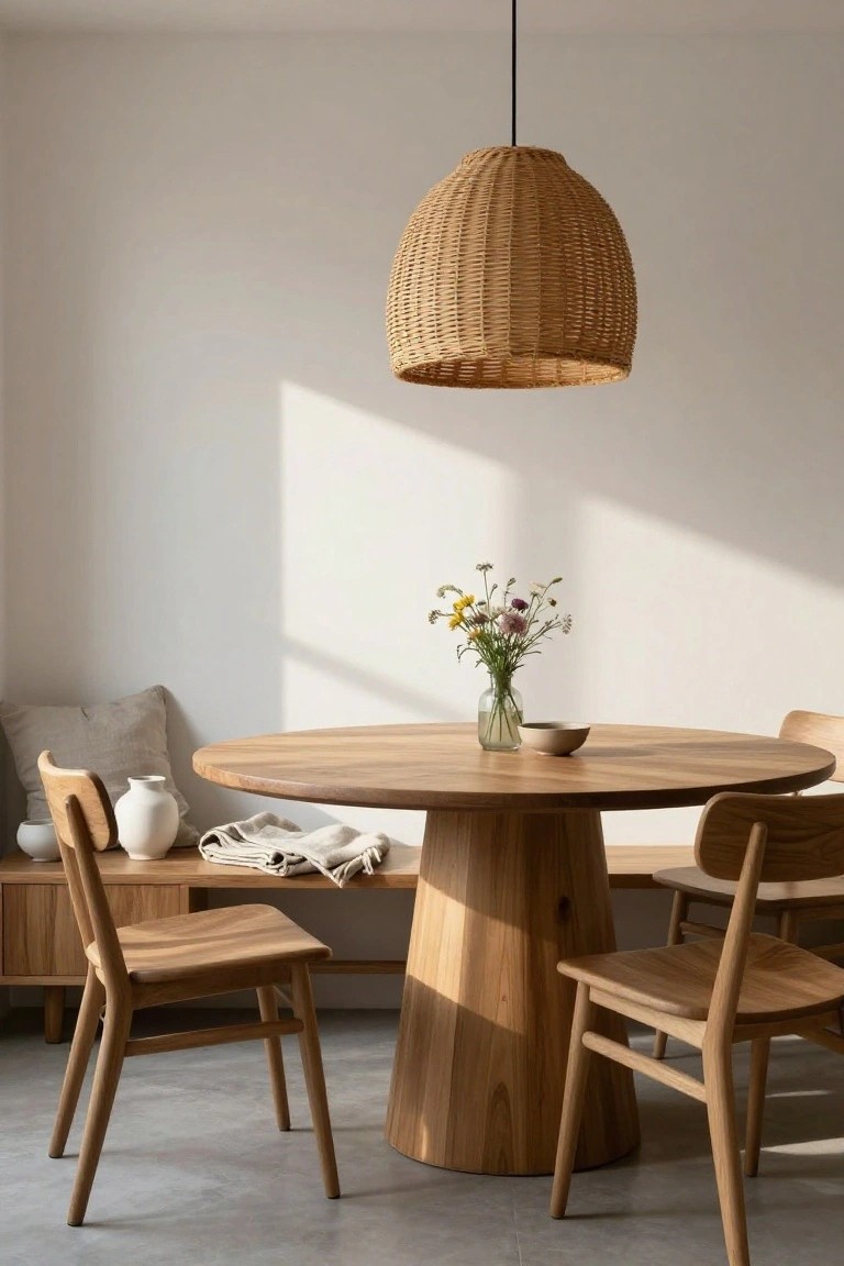 Round wooden pedestal dining table with bench seating on one side and wooden chairs on the others, wicker pendant lamp above, vase of flowers and small bowl on table, in a light-filled room with white walls and wooden credenza.